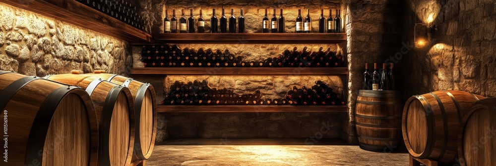 Poster a cozy wine cellar featuring wooden barrels and shelves filled with fine wine bottles in a rustic st