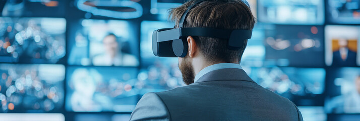 Immersed in virtual reality, man in suit explores digital world, surrounded by multiple screens displaying various images. experience is both engaging and futuristic