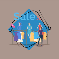 Woman choosing dress in boutique flat vector illustration. Female character buying clothes on sale. Shopping, fashion outlet, sale, special offer concept for banner or website design