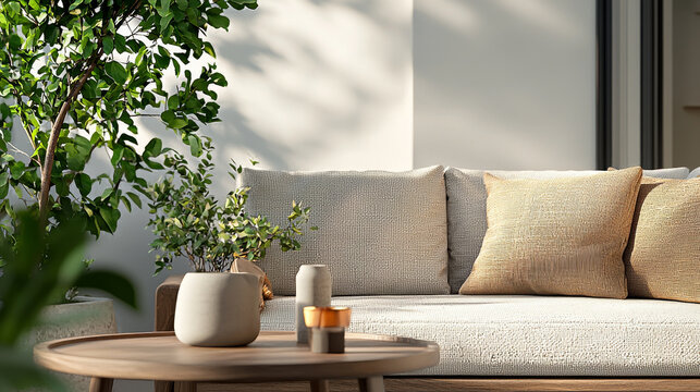 A cozy outdoor seating area featuring comfortable sofa adorned with soft cushions, surrounded by lush greenery and stylish coffee table. serene atmosphere invites relaxation and enjoyment