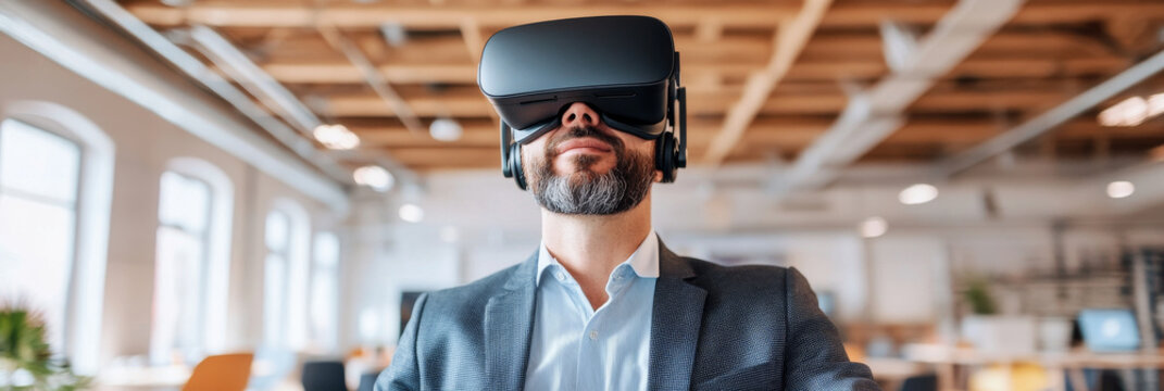 Immersed in virtual world, man wearing VR headset experiences cutting edge technology in modern office environment. His focused expression reflects excitement of innovation
