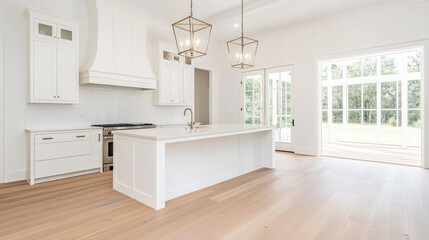Modern kitchen design features spacious layout with an island, elegant pendant lights, and large windows that invite natural light. white cabinetry and wooden flooring create warm, inviting atmosphere