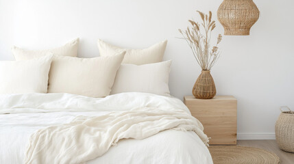 A cozy bedroom featuring soft white bed with plush pillows, natural wood nightstand, and decorative vase with dried flowers, creating serene atmosphere