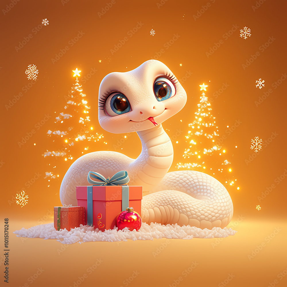 Poster a white snake is holding a red box with a star on top of it. the image has a festive and playful moo
