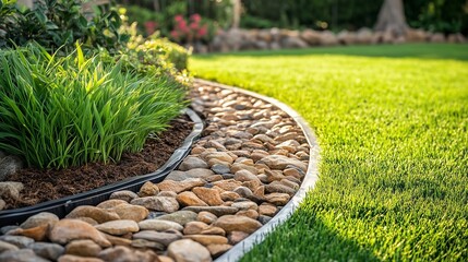 Garden bed edging separating green grass lawn from mulch and rocks