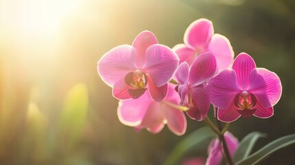 Close-up of vibrant pink orchid flowers in bloom against a warm, sun-drenched background.