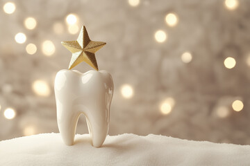 A single tooth standing upright in snow with a star on top, surrounded by a festive Christmas background, perfect for dental themed holiday designs