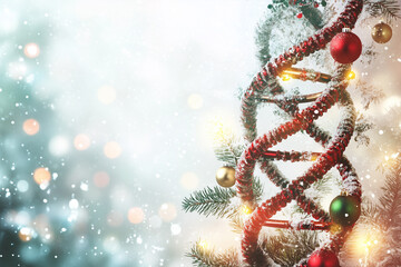 Close up of a DNA double helix decorated with festive holiday elements highlighting genetic sequences Ideal for combining scientific content with holiday cheer in presentations or articles