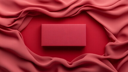 A red box is elegantly placed on smooth, flowing red fabric, creating harmonious and luxurious visual. soft drapes enhance overall aesthetic, evoking sense of warmth and sophistication