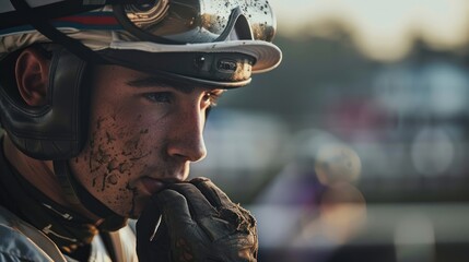 Close-up of a young man wearing a helmet covered in mud, looking contemplative