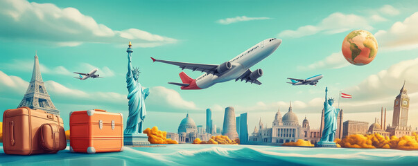 Traveling world is an exhilarating experience, depicted here with iconic landmarks, airplanes, and luggage, symbolizing adventure and exploration