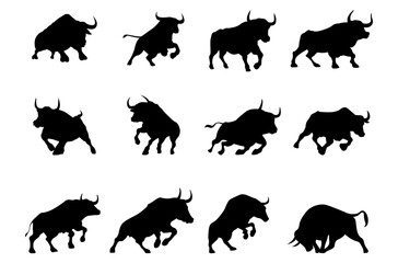 Bull silhouettes set—stylized silhouettes of standing in different poses and butting up bulls.
