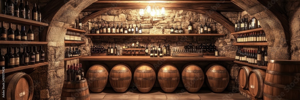 Poster a well-stocked wine cellar featuring wooden barrels and shelves laden with bottles in a rustic stone