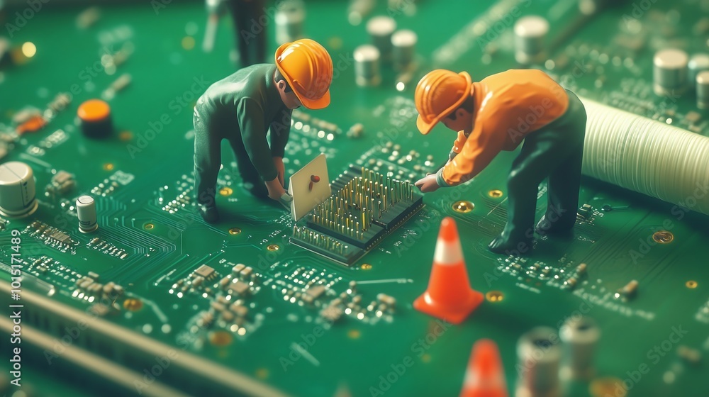 Poster miniature construction workers repairing a computer processor on a circuit board