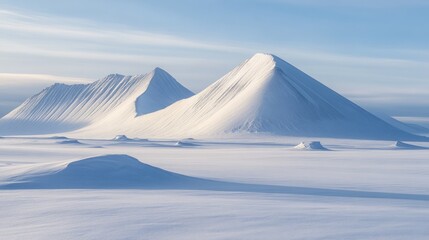A vast, snow-covered landscape with three majestic mountains reaching for the clear blue sky.