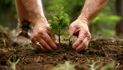 Hands planting a young conifer tree in a forest, symbolizing growth and forestation