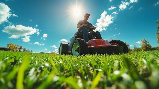 Gardener driving riding lawn mower cutting grass in sunny garden