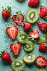 Fresh Kiwi and Strawberry Splash: A vibrant and refreshing still life of sliced kiwi and whole strawberries,  arranged in a delightful pattern on a turquoise background.