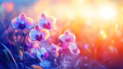 A beautiful image of pink and white orchids blooming in a field. The sun is setting in the background creating a warm glow.