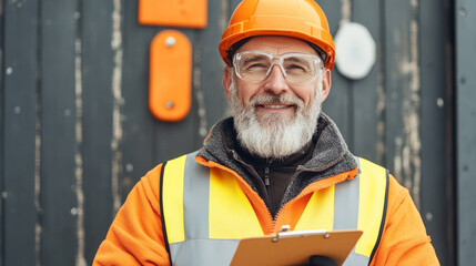 A smiling construction worker wearing an orange hard hat and safety glasses stands confidently with clipboard. His bright orange jacket and reflective vest highlight his commitment to safety on job si