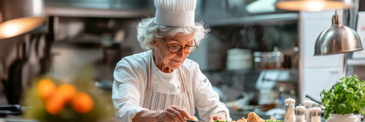 An elderly female chef skillfully prepares dish in professional kitchen, showcasing her culinary expertise and passion for cooking. atmosphere is warm and inviting, filled with fresh ingredients
