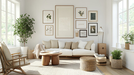 A cozy living room featuring comfortable sofa adorned with neutral cushions, surrounded by greenery and framed artwork. natural light enhances inviting atmosphere, perfect for relaxation
