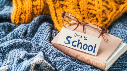 A close-up shot of a book with glasses and a "Back to School" note on top, all lying on a blue and yellow knitted blanket.