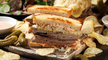 Reuben Sandwich with beef, cheese, sauerkraut and Russian dressing