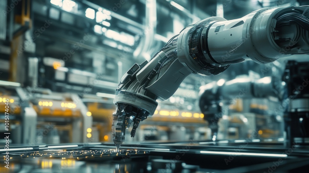 Poster robotic arm assembling in a factory