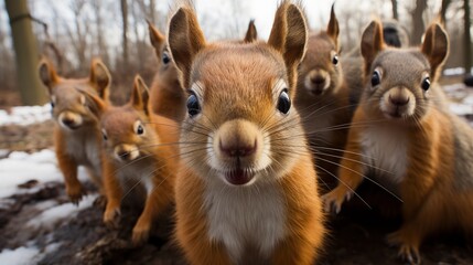 Fototapeta premium a group of squirrels taking a selfie.