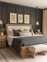 Modern Bedroom with Dark Gray Walls and Farmhouse-Style Decor