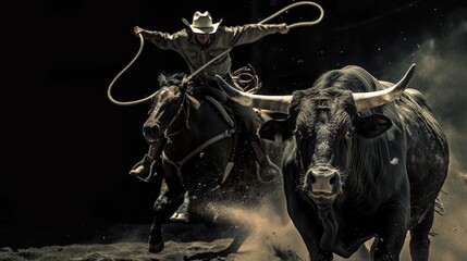 Cowboy on Horseback Lassoing a Bull