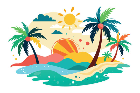 colorful beach scene with palm trees and sun clip art preview