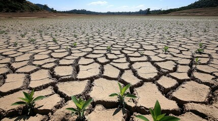 Fototapeta premium Cracked and dry land stretching endlessly under a hot sun, the parched earth showing deep fissures from lack of water.