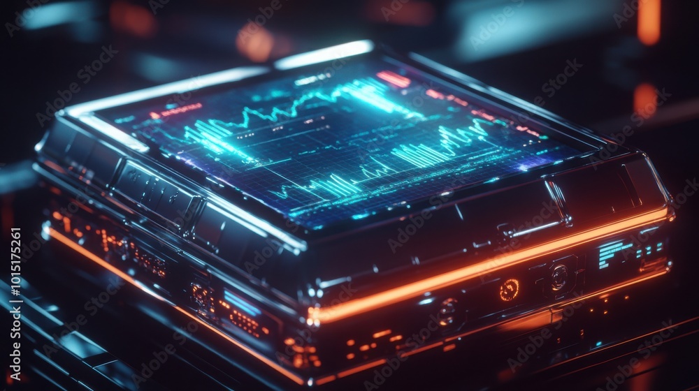 Aufkleber treasure chest featuring a holographic interface displaying data and graphs.