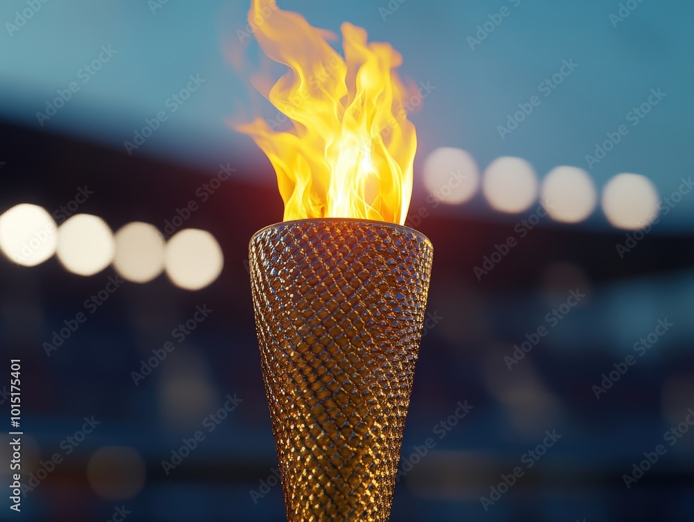 Poster illuminating unity: vibrant 3d rendering of olympic torch with flame against sports stadium backdrop