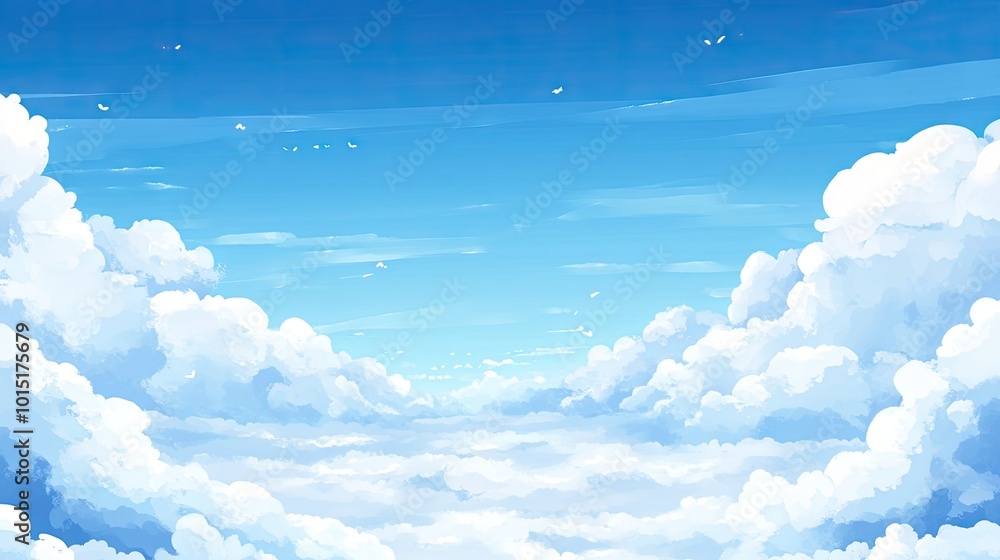 Poster fluffy clouds surround a clear blue sky, creating a soft, natural frame with an open space in the ce