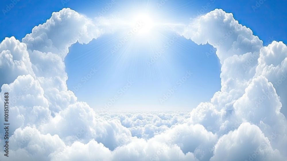 Poster fluffy clouds surround a clear blue sky, creating a soft, natural frame with an open space in the ce