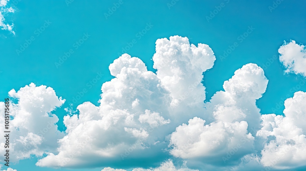 Poster fluffy clouds surround a clear blue sky, creating a soft, natural frame with an open space in the ce