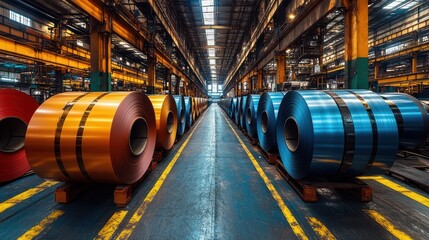 Rows of colorful metal coils in a factory setting, with yellow l
