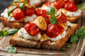 Cottage cheese and roasted tomatoes sourdough bread toast on a wooden board.