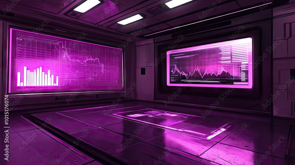 Poster neon and ultraviolet seo interface showing colorful charts and data points. magnifier zooms in on cr