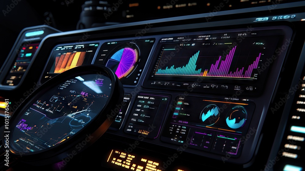 Poster neon-drenched screen featuring colorful data charts and seo analysis tools. a magnifying glass focus