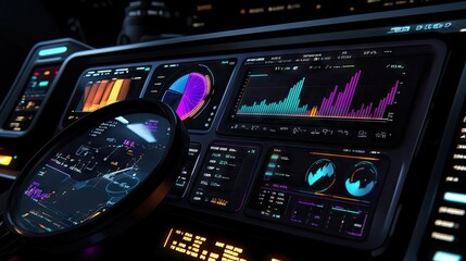 Obraz premium Neon-drenched screen featuring colorful data charts and SEO analysis tools. A magnifying glass focuses on key metrics, glowing in an ultraviolet background.