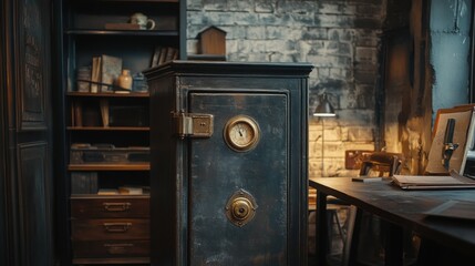 vintage iron safe in an old office setting, complete with antique furniture and soft lighting