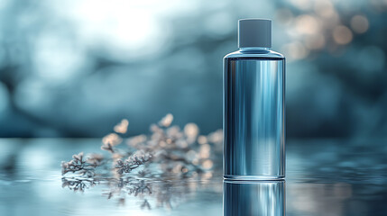 A clear glass bottle of liquid sits on a reflective surface with a blurred background.