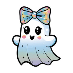 An illustration of an iridescent ghost with a large bow on top of its head