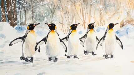 Fototapeta premium Penguins she winter background watercolor 