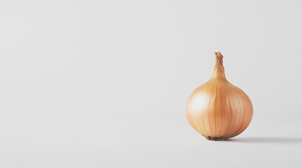 A single golden onion standing alone on a pristine white background, showing its natural texture and clean, simple design.
