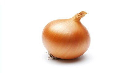 A single golden onion standing alone on a pristine white background, showing its natural texture and clean, simple design.